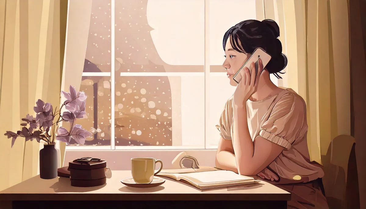 窓辺で電話をしながら、落ち着いた表情で話す女性のイラスト