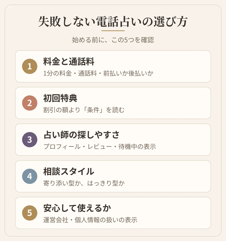 失敗しない電話占いの選び方 5つのポイント（料金と通話料・初回特典・占い師の探しやすさ・相談スタイル・安心して使えるか）